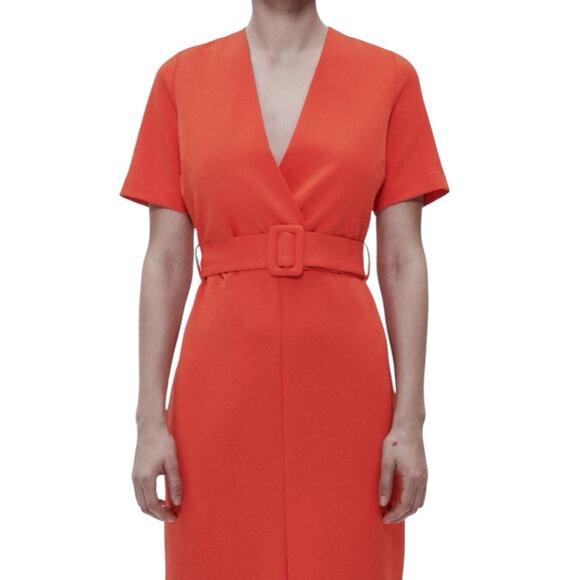 ZARA Midi Dress Belted Orange Sheath Large - Picture 4 of 12